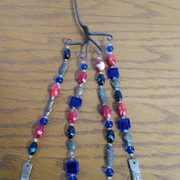 Beaded Blue/Red and Fish Beads Upcycled Recycled Silverware Windchime - Picture 2 of 6